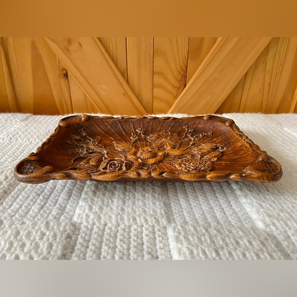 Vintage Resin Faux Wood Carved Floral Dish - Picture 2 of 10